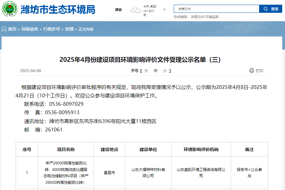 2.2億元！包含6000噸鋰固態(tài)電池儲能材料！山東濰坊一項目環(huán)評獲受理