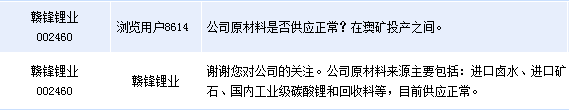 贛鋒鋰業：公司原材料來源目前供應正常