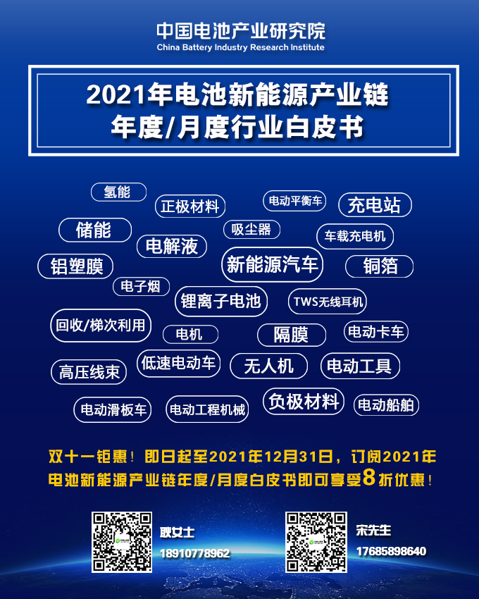 雙十一鉅惠!2021年電池新能源產業鏈年度/月度白皮書8折酬賓! 雙十一鉅惠!2021年電池新能源產業鏈年度/月度白皮書8折酬賓!