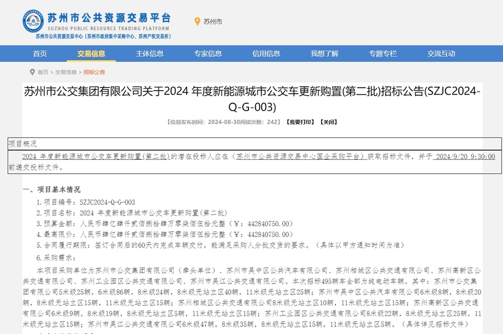 約4.43億元！這一城市派發495輛新能源公交車采購大單